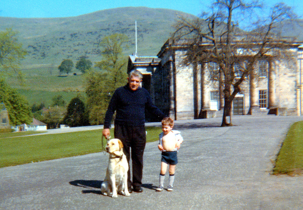 Alf with grandson donald and the rector's dog outside Dollar Academy